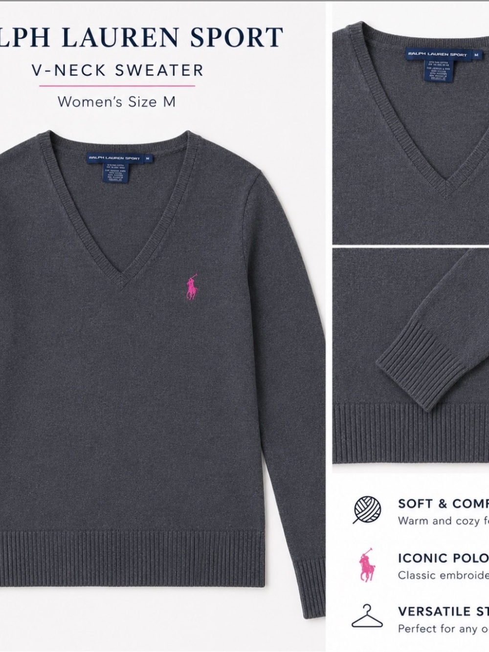 Ralph Lauren Charcoal V-Neck Sweater with Pink Polo Emblem